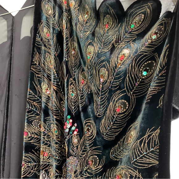 VINTAGE shawl cover up velvet beads embroidery peacock floral OS silk blend - Picture 8 of 16